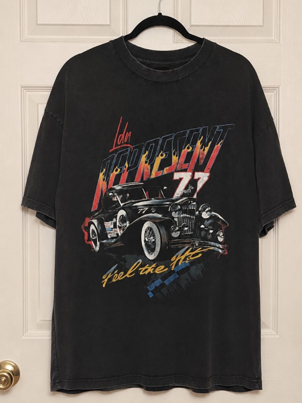 Size L Men Black REPRESENT 77 “Feel the Heat” T shirt Short Sleeve Crew Neck 🔥